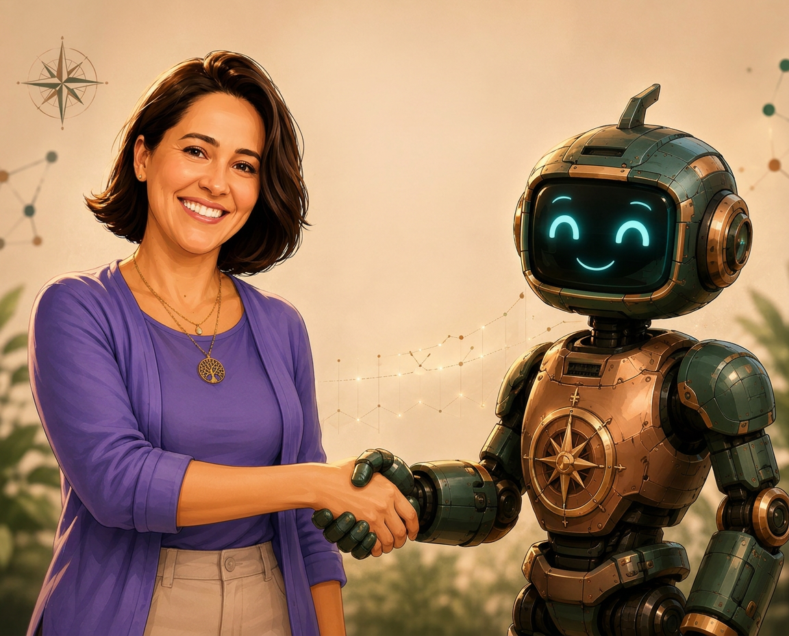 Renata Marcon cumprimentando Teófilo, seu assistente de inteligência artificial